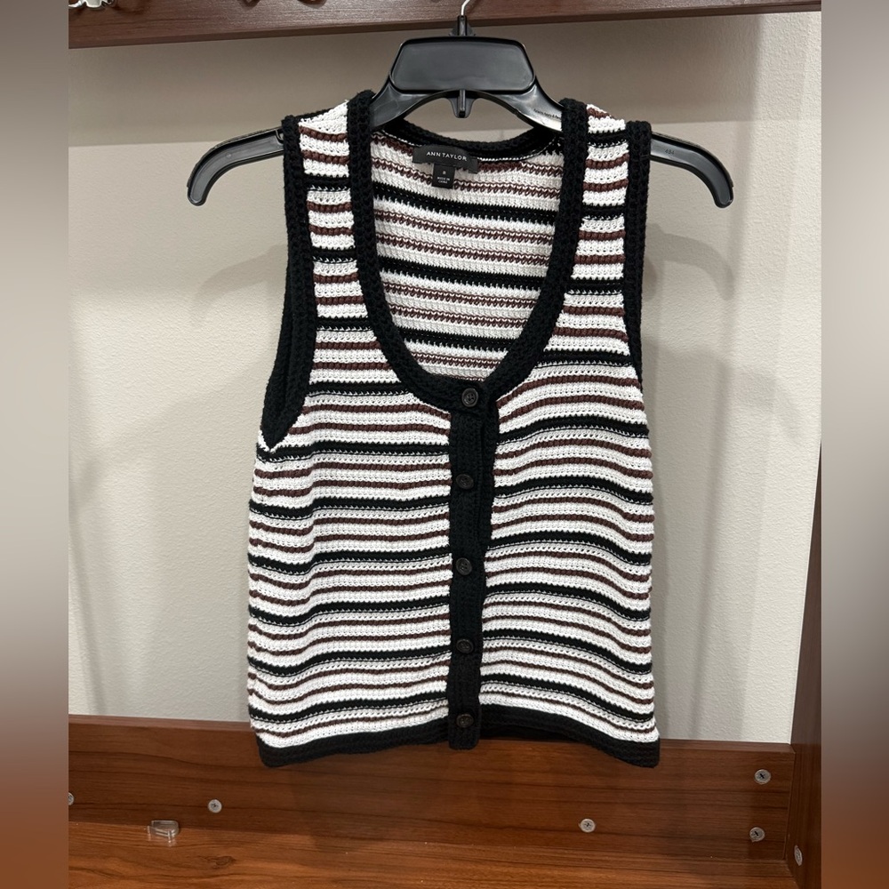 Ann Taylor Black and White Striped Crochet Button Tank